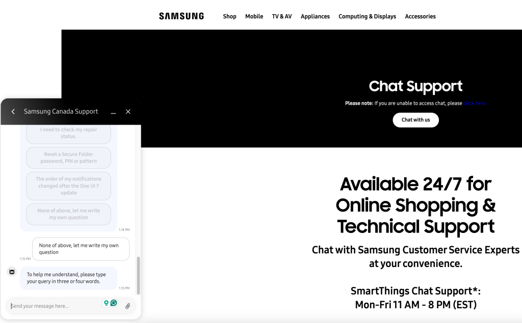 Screengrab of Samsung Canada live-chat support page showing 24/7 help banner and chat box for unlocking Samsung phone free