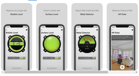 Cell phone screen showing surface level app, metal detector app, AR Ruler app