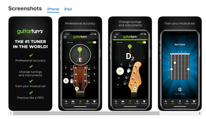 screenshots of guitar tuner app