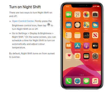 instructions on how to turn on night shift on iphone