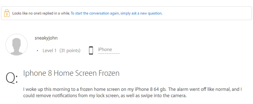 Comment from a person talking about iPhone 8 frozen home screen