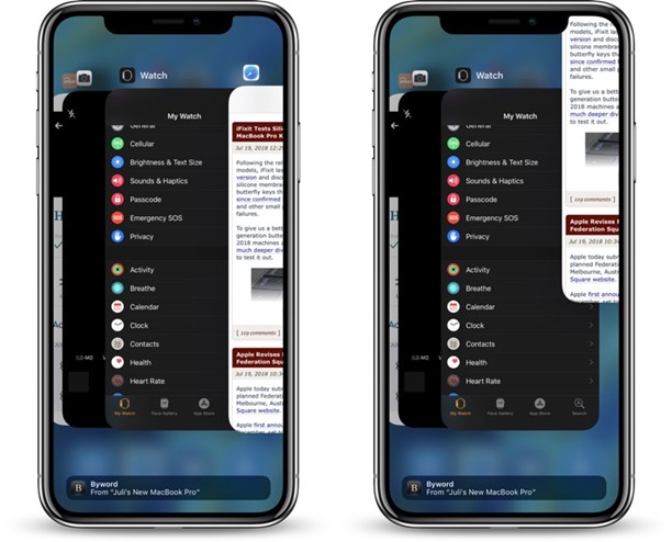 iPhone screen showing a procedure to Close Apps on iPhone X, XR, XS, and 11 