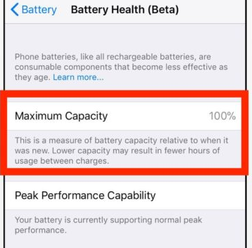 iPhone screenshot of battery health settings