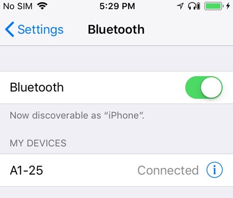 iphone screenshot of bluetooth button turned on