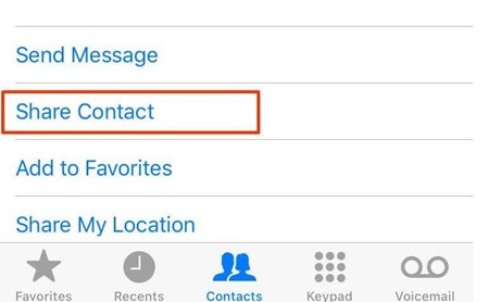 share contact button marked red on an iphone screenshot
