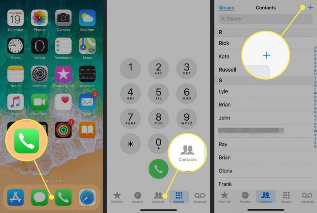 three screenshots of iphone home with dialer button zoomed in, second screenshot of dialing pad and contacts button zoomed in, third screenshot of contacts list with add button zoomed in.