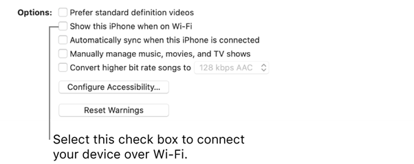 Screenshot of the option show this iphone on wifi from macbook while syncing content between your Mac and iPhone or iPad over Wi-Fi - Apple Podpora