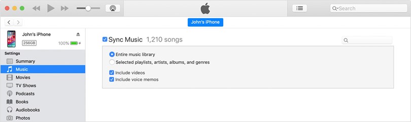 screenshot from MacBook showing the checkbox next to Sync Music in iTunes.