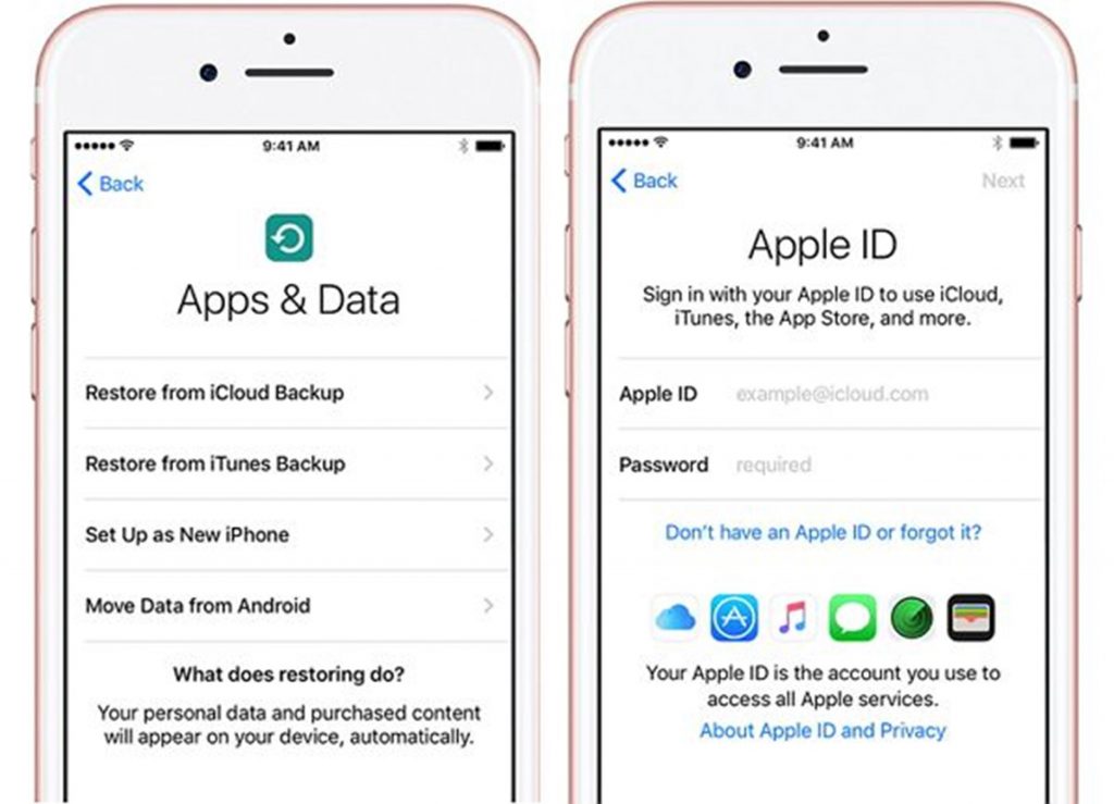 two apple iphones in picture showing one of them is showing apps and data and the second one is showing Apple ID  to restore backup with icloud