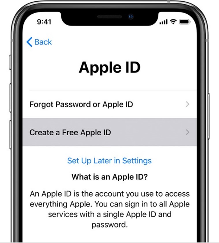 iphone screenshot of Apple ID section to create a free apple id option selected