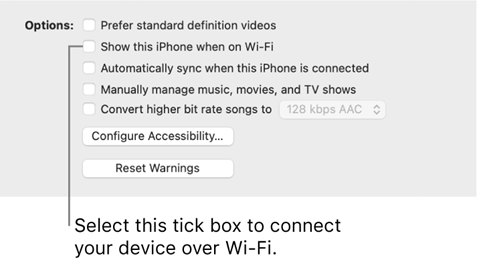 The sync options showing tickboxes to manually manage content items with the “Show this [device] when on Wi-Fi” tickbox identified.