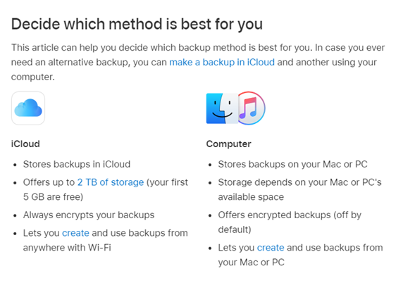 screenshot of an article showing comparison of icloud, mac and pc