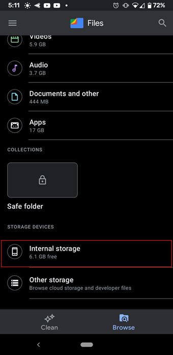 screenshot from an android phone of google files and internal storage icon marked red