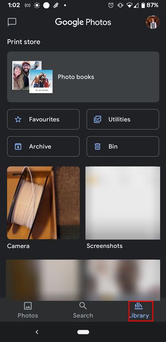screenshot from an android phone of google photos and library icon marked red
