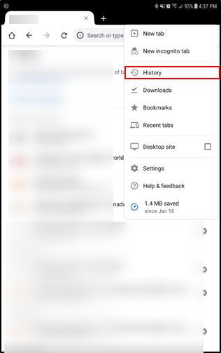 screenshot of chrome browser options from an android phone showing history button is marked red