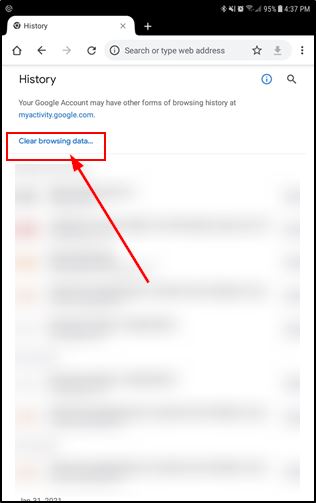 screenshot of chrome browser options from an android phone showing clear browsing data is marked as red