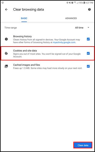 screenshot of chrome browser options from an android phone showing clear cookies and site data is marked as red