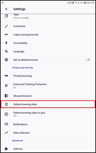 screenshot of Firefox browser Settings from an android phone showing delete browsing data option is marked as red