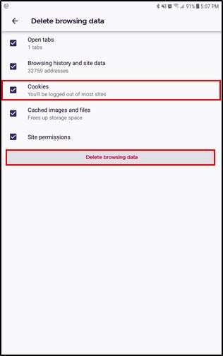 screenshot of Firefox browser delete browsing data section from an android phone showing cookies option marked red