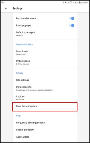 screenshot of Opera browser Settings options from an android phone showing clear browsing data option marked red