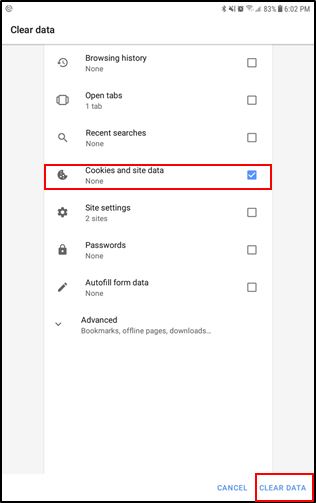screenshot of Opera browser clear data options from an android phone showing cookies and site data option marked red
