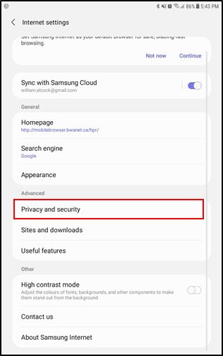 screenshot of Samsung internet browser internet setting options from an android phone showing privacy and security option marked red