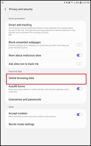 screenshot of Samsung internet browser privacy and security options from an android phone showing delete browsing data option marked red