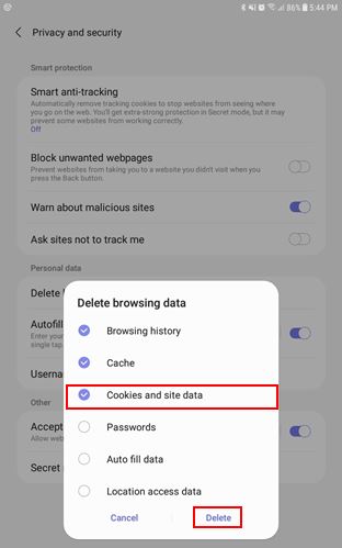 screenshot of Samsung internet browser delete browsing data options from an android phone showing cookies and site data option marked red