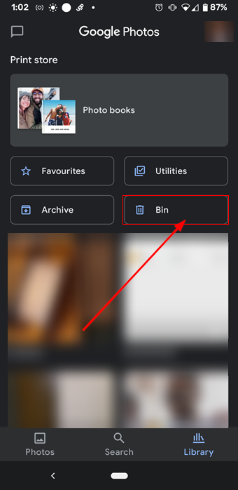 screenshot from an android phone of google photos and Bin icon marked red
