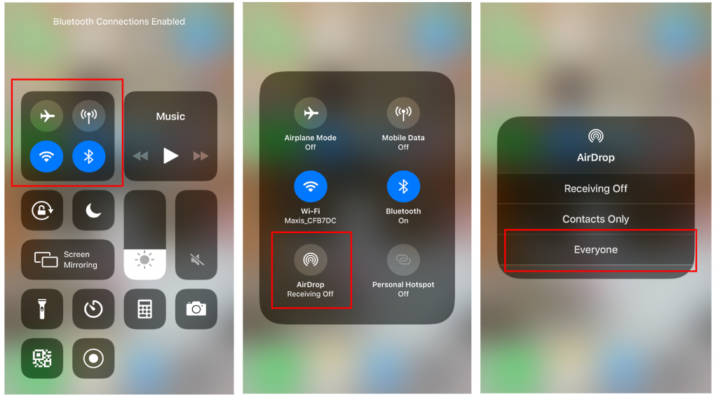 bluetooth and wifi turned on and marked as red in a first screenshot, second screenshot showing Airdrop receiving off button marked as red, everyone marked as red on third screenshot of airdrop section